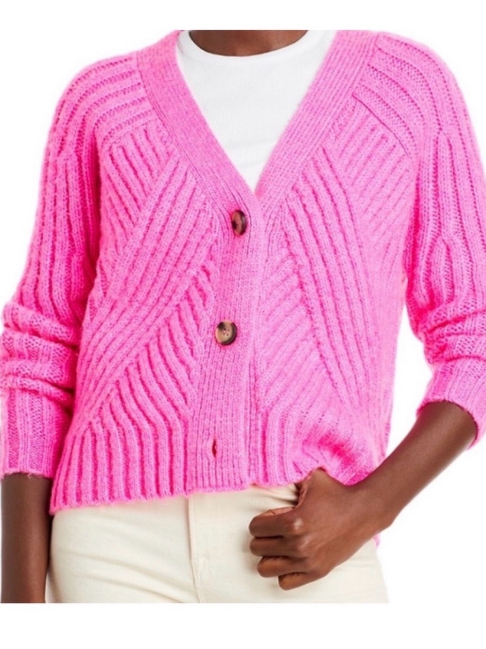 Aqua pink V-Neck Button Cardigan Sweater